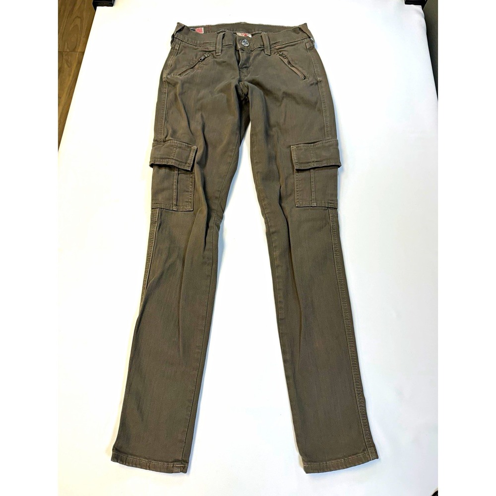 True Religion Casey Cargo Pants Women 24 Olive Green Skinny Utility Zipper Jeans